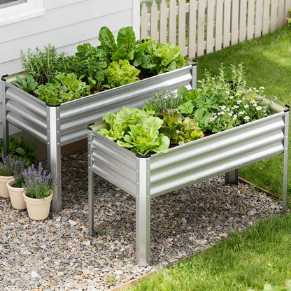 COMHOMA 2 Pack Raised Garden Bed with Legs 4x2x2.5ft,Large Elevated Galvanized Metal Planter Box with Drainage Holes,Outdoor Growing Kit with Gloves Tools for Backyard Patio Lawn,Sliver
