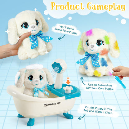G.C Paint-Wash-Recolor Dog Plush Doll Toys for Kids Painting Craft Kit, Pretend Play Bath Toy with Bathtub, Blow Pen, Doodle Stuffed Animal Doll Painting Kit Gift for Boys Girls Ages 3 4 5 6 7 8