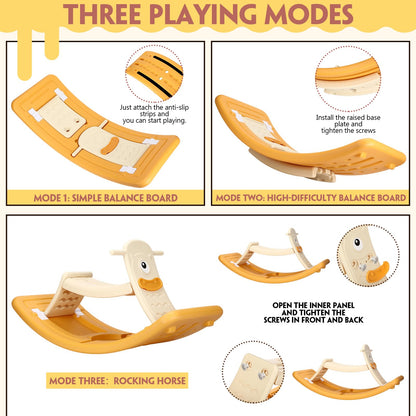 Motionchic Rocking Horse for Toddlers Kids 3 in 1 Wobble Balance Board 3-5 Year Old Rocker Balance Board Baby Rocking Toy with Pedal Backrest Birthday Gift Open Ended Learning Toy for Girl and Boy