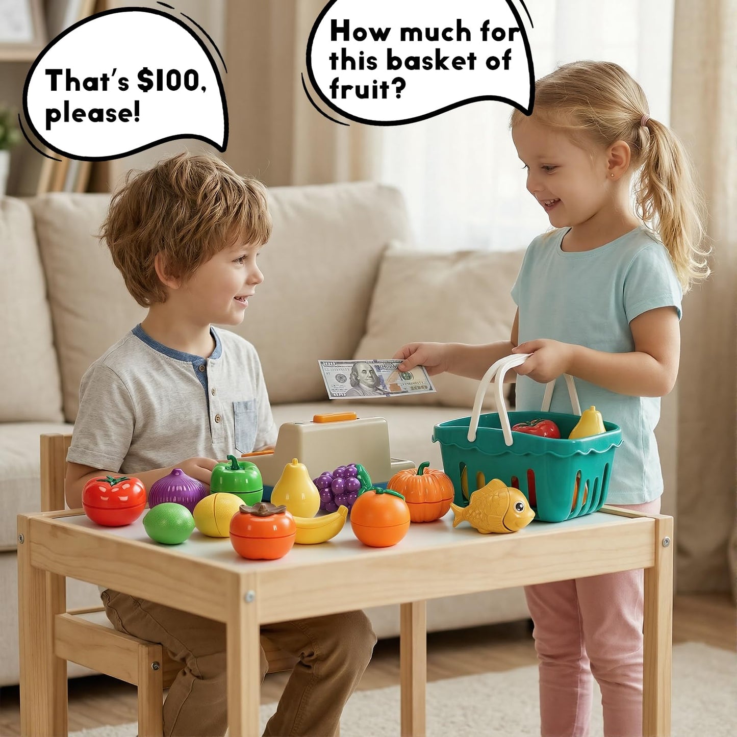 Cutting Play Food Toys, 200 Pieces Pretend Play Kitchen Accessories, Fake Fruits/Vegetables Cards, Play Money, 2 Shopping Storage Baskets, Birthday Gift, Educational Toy for Toddler Children