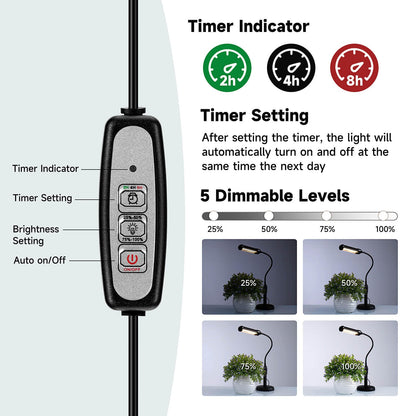 JSYBOY Grow Light for Indoor Plants Plant Lamp for Seedings Succulents Bulbs Full Spectrum Gooseneck Small Plants Growing, Auto On/Off Timing & 5 Dimming (Without USB Plug)