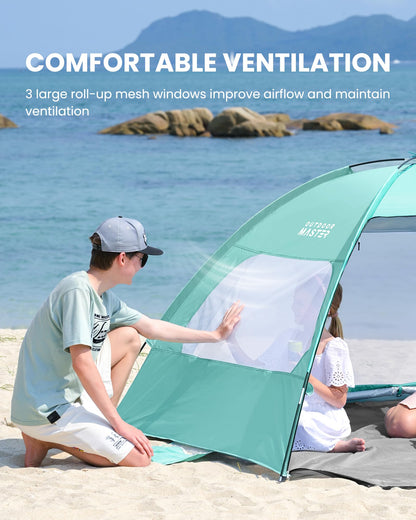 OutdoorMaster Beach Tent for 3/4 Person - Easy Setup Sun Shade Shelter, Portable Beach Shade Sun Canopy with UPF 50+ UV Protection, Removable Skylight Family Size - 3 Person Green