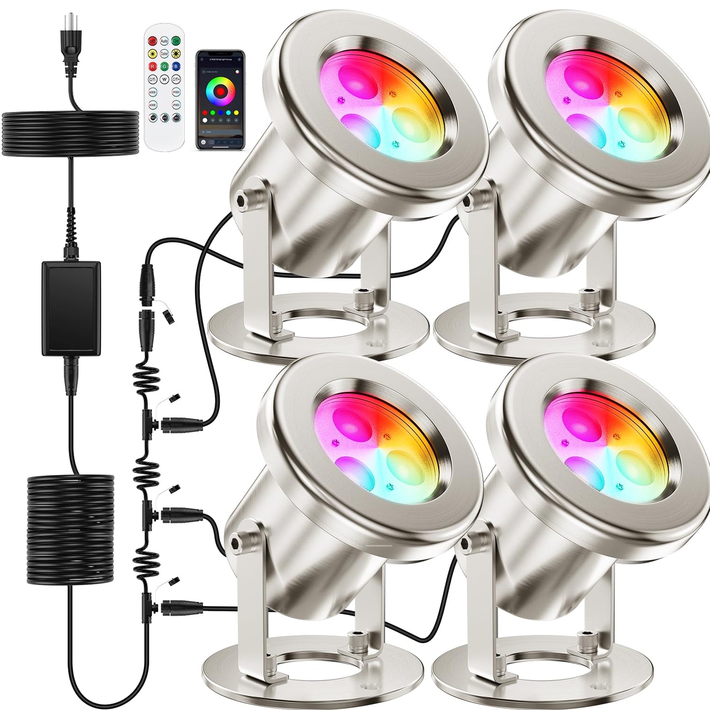 OSREE All in One RGB Underwater Pond Light Kit with APP, 6W IP68 Waterproof Fountain Light with 12V Transformer, Pond Lights LED Underwater for Large Pond Stream Fountain Water Feature, 51FT, 4Pack