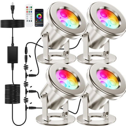 OSREE All in One RGB Underwater Pond Light Kit with APP, 6W IP68 Waterproof Fountain Light with 12V Transformer, Pond Lights LED Underwater for Large Pond Stream Fountain Water Feature, 51FT, 4Pack