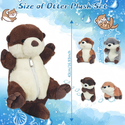 5 Pcs Sea Otter Stuffed Animal Plush Otter Set Large Mommy Stuffed Otter Plush Toy with 4 Babies in Zipper Pouch, Soft Cuddly Otter Plushies Pillow for Kids Boys Girls Birthday Christmas Plush Gifts