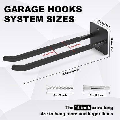 Heevir 14 Inches Extra Large Garage Hooks, 4Pcs Heavy Duty Garage Wall Mount Organizer, Tool Hanger Long Utility Storage Hooks for Hanging Tire, Chair, Ladder, Garden Tools, Strollers and More