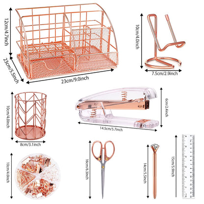 KAAKOW Rose Gold Desk Organizers and Accessories Office Supplies Set Stapler, Pen Holder, Phone Holder, Scissors, Pen, Ruler, 30 Paper Clips, 22 Binder Clip, 20 Tacks and 1000pcs Staples