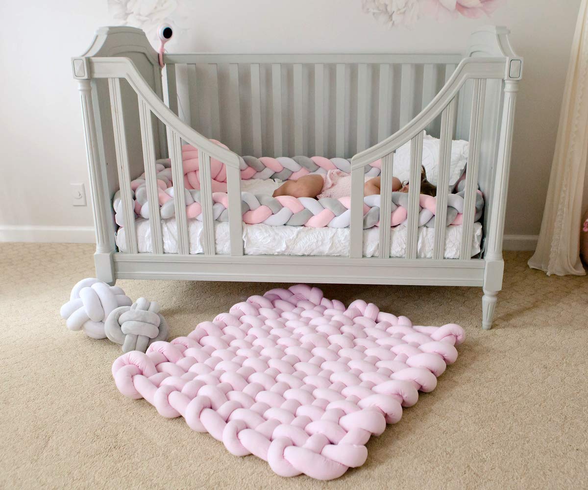 Wonder Space Knotted Braided Plush Mat, Baby Infant Newborn Tummy Time Playing Nursery Rug Knot Floor Cushion, Handmade Pure Soft Fabric, Fashion Cute Toddler Children Room Decor, Pink