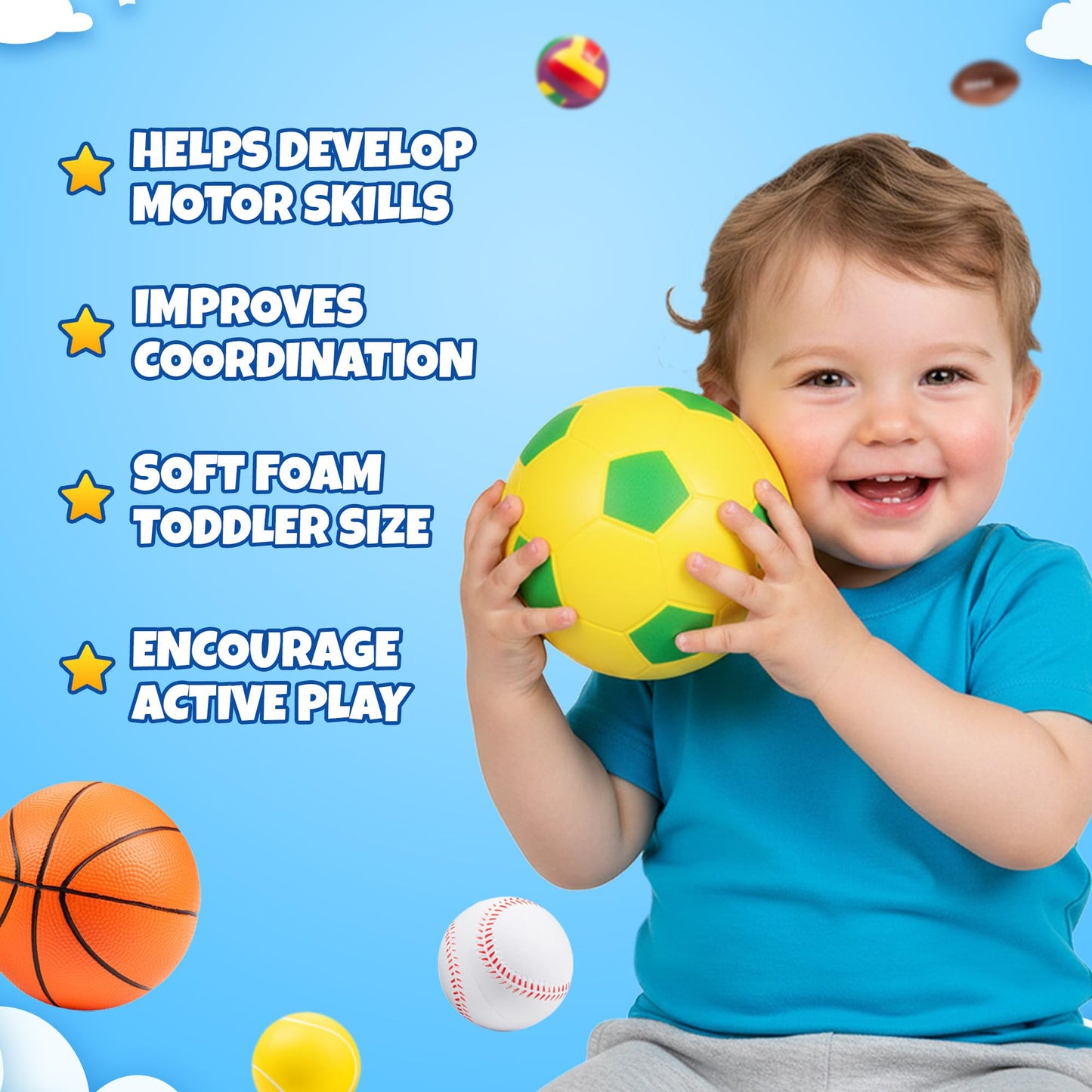KiddieLoot Sports Balls for Toddlers 1-3, 6 Piece Soft Sports Balls with Soccer, Basketball, Football, Baseball, Tennis & Volleyball - Toddler Boys & Girls Ball Toy Gift