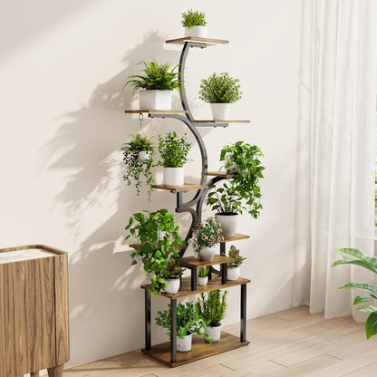 Plant Stand Indoor with Grow Lights - 9-Tier Curved Plant Stand, Tall Metal and Wood Indoor Plant Shelf with Unique Arched Design, Multi-Tier Flower Pot Holder Rack with Waterproof Finish, 63" Tall for Living Room, Balcony, and Garden