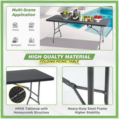 BestOffice Outdoor 6 FT Folding Camping Table Plastic Table Portable Square Height Dining Table Perfect for Picnics, Parties, Party and Camping, Black