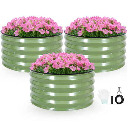 INNO STAGE 3 Pcs Round Galvanized Raised Garden Bed — 2×2×1ft Planter Box Outdoor Raised Beds Kit for Gardening Vegetables, Fruits, Herbs, and Flowers, Olive Green