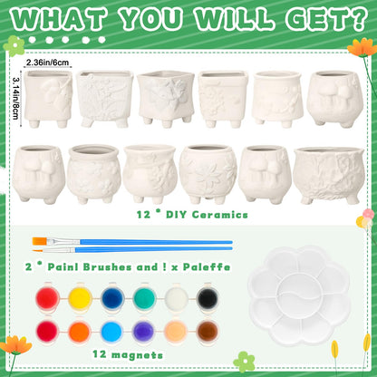 Hushee 12 Sets Ceramic Succulent Planters Paintable Succulent Plant Pots Small DIY Figurines Unpainted Pots with Drainage Hole Color Paints Paintbrushes Palettes(Flower)