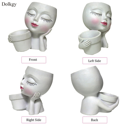 Head Planter Face Flower Pot, Dolkgy Woman Face Planter Unique White Head Planters for Indoor Outdoor Plants, Novelty Plant Pot Cute Lady Head Vase with Drainage Hole for Home Garden Succulents Cactus