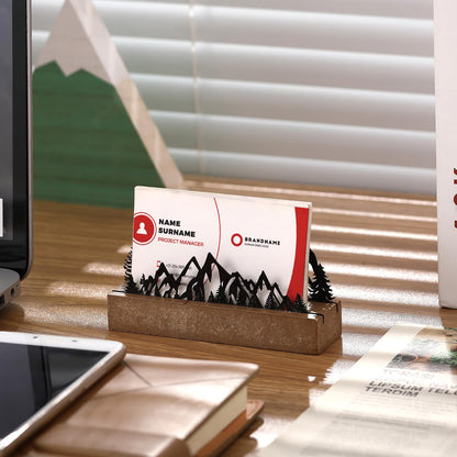 CroBlissful 2 Pcs Mountain Business Card Holders for Desk, Wood&Metal Black Mountain Range Forest Silhouette Business Card Display Stand for Home Office