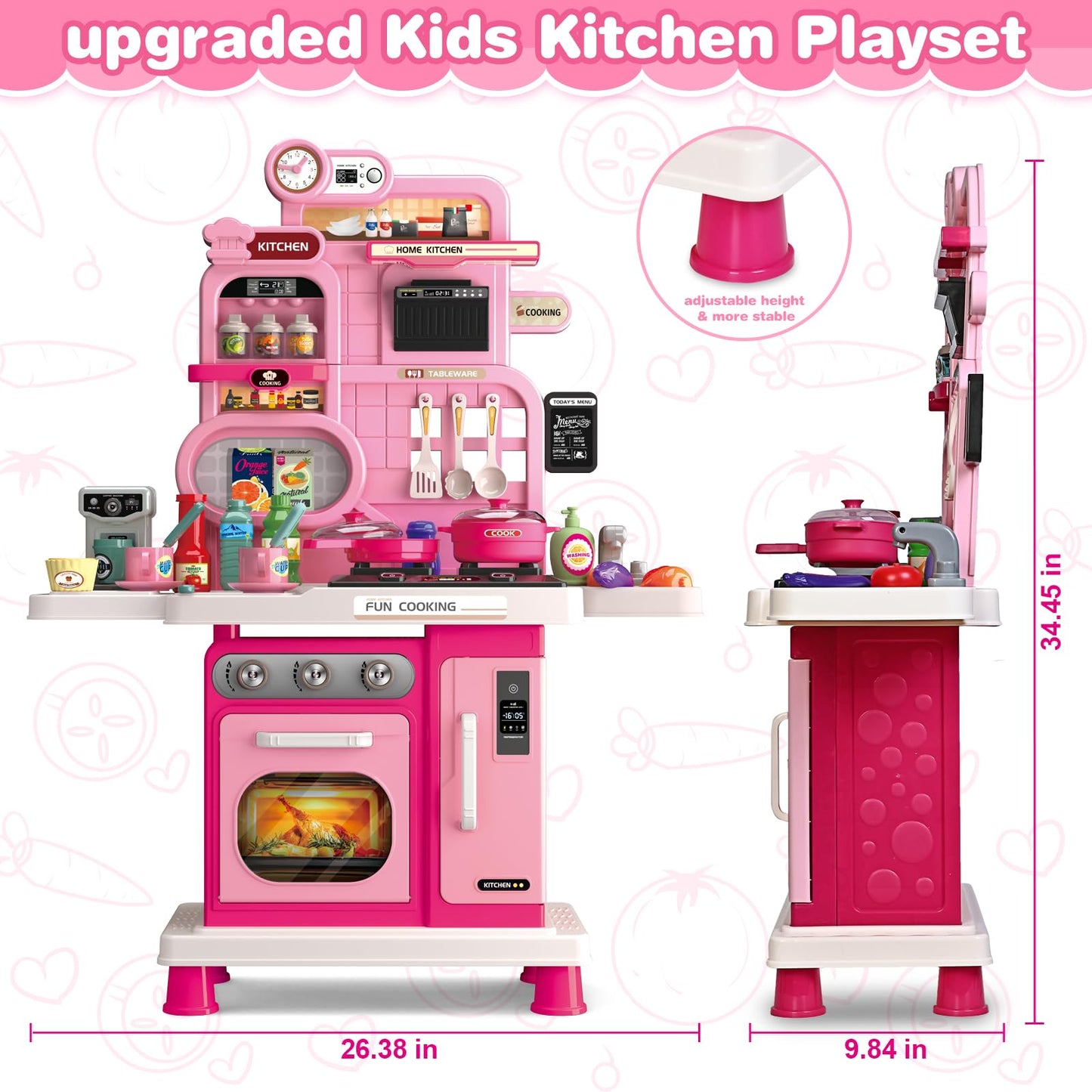 Play Kitchen Set, Kids Kitchen Playset with Realistic Sound & Light, Cooking Stove, Sink, Play Food and Accessories, 57 Pcs Kitchen Toys Gifts for Toddlers 2-4 3-5 Girls (Pink)