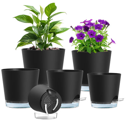 Meowell Self Watering Pots Pack of 6 – Different Size 4" to 7" Indoor Plant Pots with Drainage Holes and Clear Reservoir for Visible Water Level, Plastic Wicking Planters for House Plants, Black