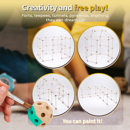 MIND KIDZ Wooden Fort Building Kit for Kids - STEM Montessori construction toy - 52 rods & 30 spheres, Eco-friendly play set for boys & girls