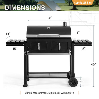 Sophia & William Extra Large Charcoal BBQ Grills with 794 SQ.IN. Cooking Area, Heavy Duty Outdoor Barbecue Grill with 2 Individual Lifting Charcoal Tray and 2 Foldable Side Table, Black