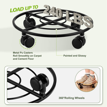 6 Packs Large Metal Plant Caddy 12" Heavy-duty Plant Dolly with PU Wheels Wrought Iron Rolling Plant Stand with Casters Indoor Outdoor Plant Pot Movers Planter Rollers Coaster Trolley, Black