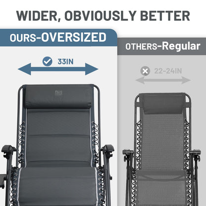 Timber Ridge Oversized Zero Gravity Chair, 33In Wide XXL Zero Gravity Reclining Chair with Side Table, Full Padded Lounge Chair for Outdoor Camping Patio Lawn, Heavy Duty Supports 500lbs, Grey-1 Pack