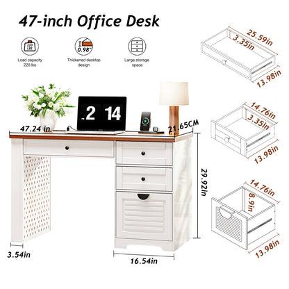 Ieejdn 47" Home Office Desks, Executive Desk, Farmhouse Computer Desk with Drawers and Charging Station, File Drawer, Storage Cabinet, Rustic Computer Writing Desk,Antique White