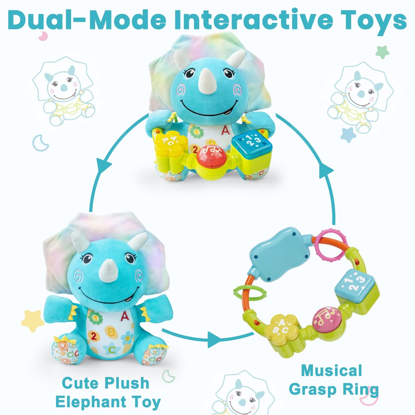 Holaxander Baby Dino Musical Stuffed Animals Toy with Light-Up Music & Crinkle Sound Paper,Infant Bilingual Early Learning Education Toys,Tummy Time Toys for 0-3-6-12+ Months Boy Girl