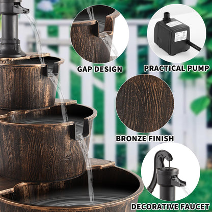 YI 40-Inch 3 Tier Barrel Waterfall Fountain Outdoor Water Fountains Barrel Wood 3-Tier Freestanding Rustic Pump for Garden Patio Backyard Porc