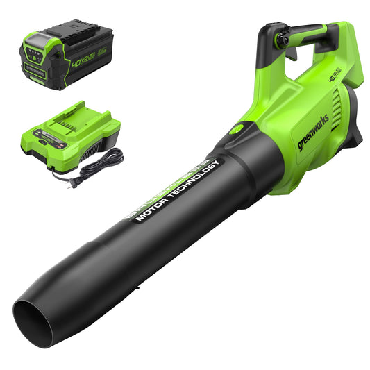 Greenworks 40V (130 MPH / 550 CFM ) Brushless Axial Leaf Blower, Ultra-Powerful for Wet Leaves, Heavy Debris, Gravel and Driveway Snow, Includes 4.0Ah Battery and Charger