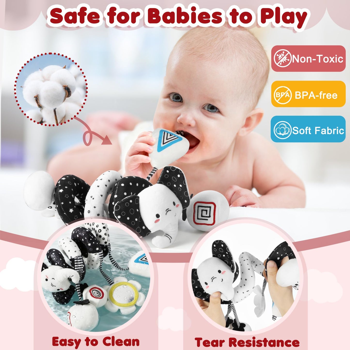URMYWO Spiral Car Seat Toys for Babies 0-6 Months, Black and White Baby Toys, High Contrast Baby Toys for Newborn, Hanging Toy Fits Stroller, Shower Gift for Boys Girls