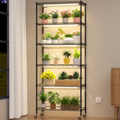 Plant Shelf with Grow Light, DIY 6-Tier Plant Stand with Grow Light, Adjustable Rack and Wheels, 8 Pack 24" 192W T8 Full Spectrum Grow Lamp for Indoor Plants, Seed Starting, Vegetable, 29"x13.5"x73.5"