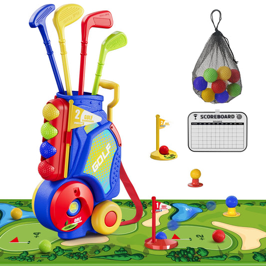 HYES Toddler Golf Set 2-4 Years, Kids Golf Club with 8 Balls, 4 Plastic Clubs, Putting Mat, Scoreboard, Storage Bag, Indoor Outdoor Game with Golf Cart Sport Toy Gift for Baby Boys Girls Age 3-5, Blue
