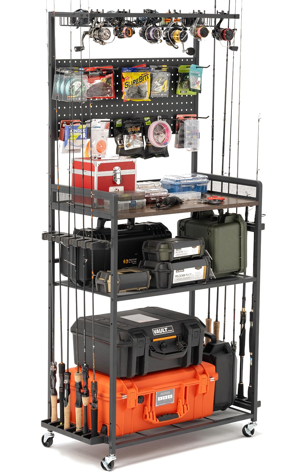 SOYEEZE Fishing Rod Holders for Garage,Fishing Gear Holder for Fishing Rod Tackle Box Storage，Fishing Pole Holders for 12 Rods with Hooks and Pegboard,Fishing Cart with Reel Rack