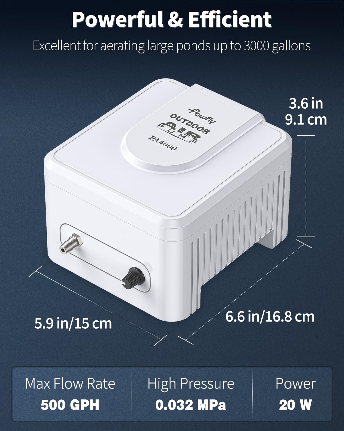 Pawfly Pond Air Pump 500 GPH Outdoor Oxygen Pump for Fish Koi Ponds up to 3000 Gallons Adjustable Pond Garden Aerator Pump Kit with Airline Tubing Control Lever Valves Air Stones and Check Valves