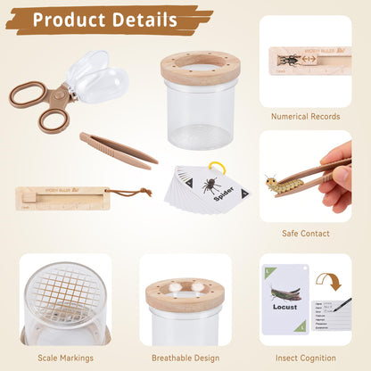 Wooden Bug Catching Kit for Kids - 10 PCS Outdoor Exploration Set with Bug Habitat, Magnifying Glass, Bug Container &Other Adventure Kit —STEM Educational Toy for Boys & Girls Ages 4-8