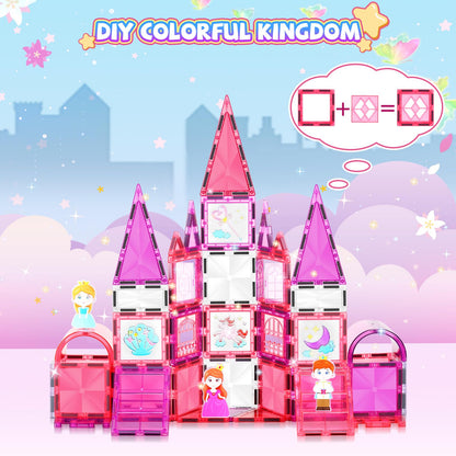 W WISE BLOCK 101PCS Magnetic Blocks Set Including Cars and Accessories, Princess Magnet Building Tiles Sets, Castle Magnet Blocks STEM Toys for Girls Kids Ages 3 4 5 6 7 8 9+ Year Old