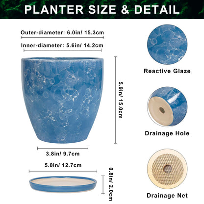 EPFamily 6 Inch Ceramic Plant Pot - Ceramic Planters with Drainage Hole and Saucer, Round Decorative Planter, Modern Planters for Indoor Outdoor Plants, Desk Office Decor, Housewarming Gifts, Blue