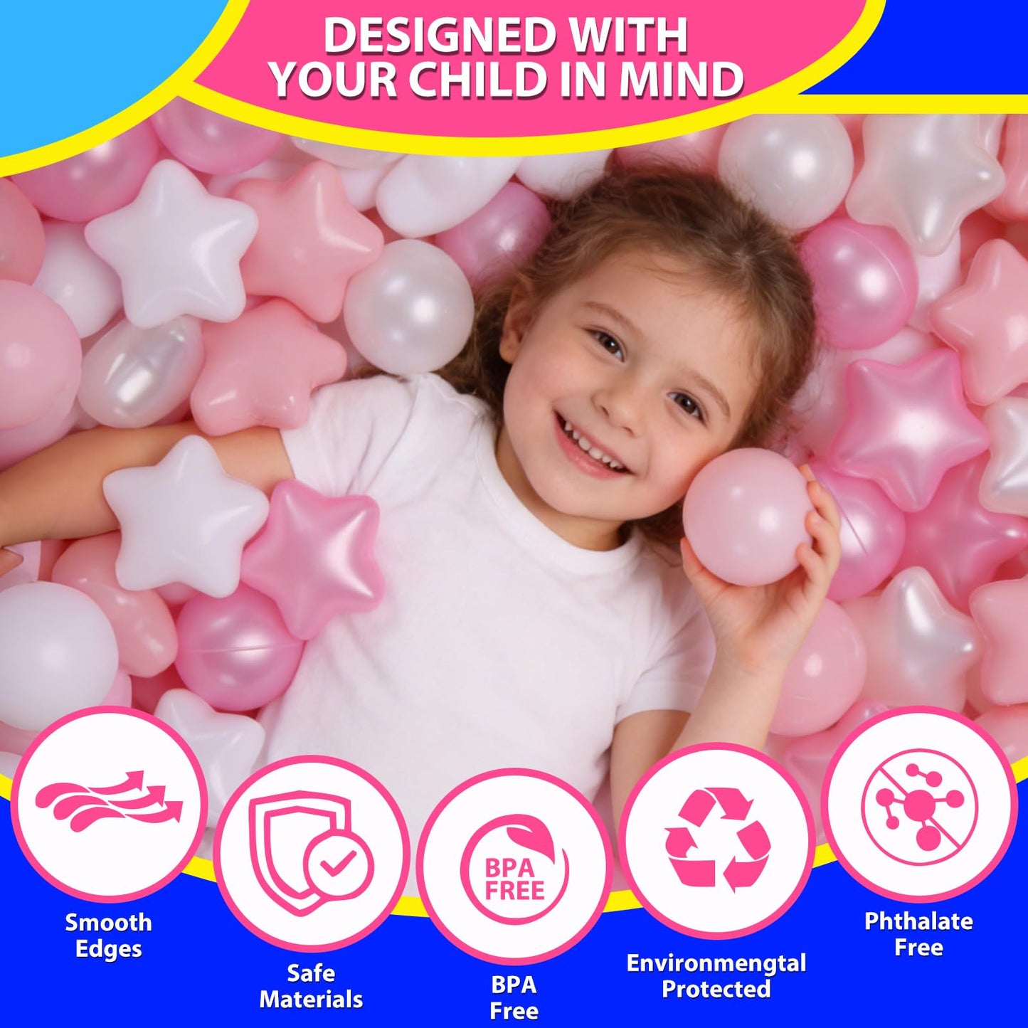 Heopeis Star Ball Pit Balls for Toddlers - 100 200 500 Pack Phthalate & BPA Free Plastic Toy Balls for Kids, Ball Pool Play Tent, Baby Kiddie Pool Water Toys, Party Decoration