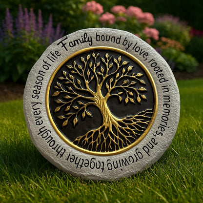 VEOJEIN Family Tree Garden Stepping Stone, 9.45 Inch Round, Gold Tree of Life Design, Weather-Resistant Outdoor Decor