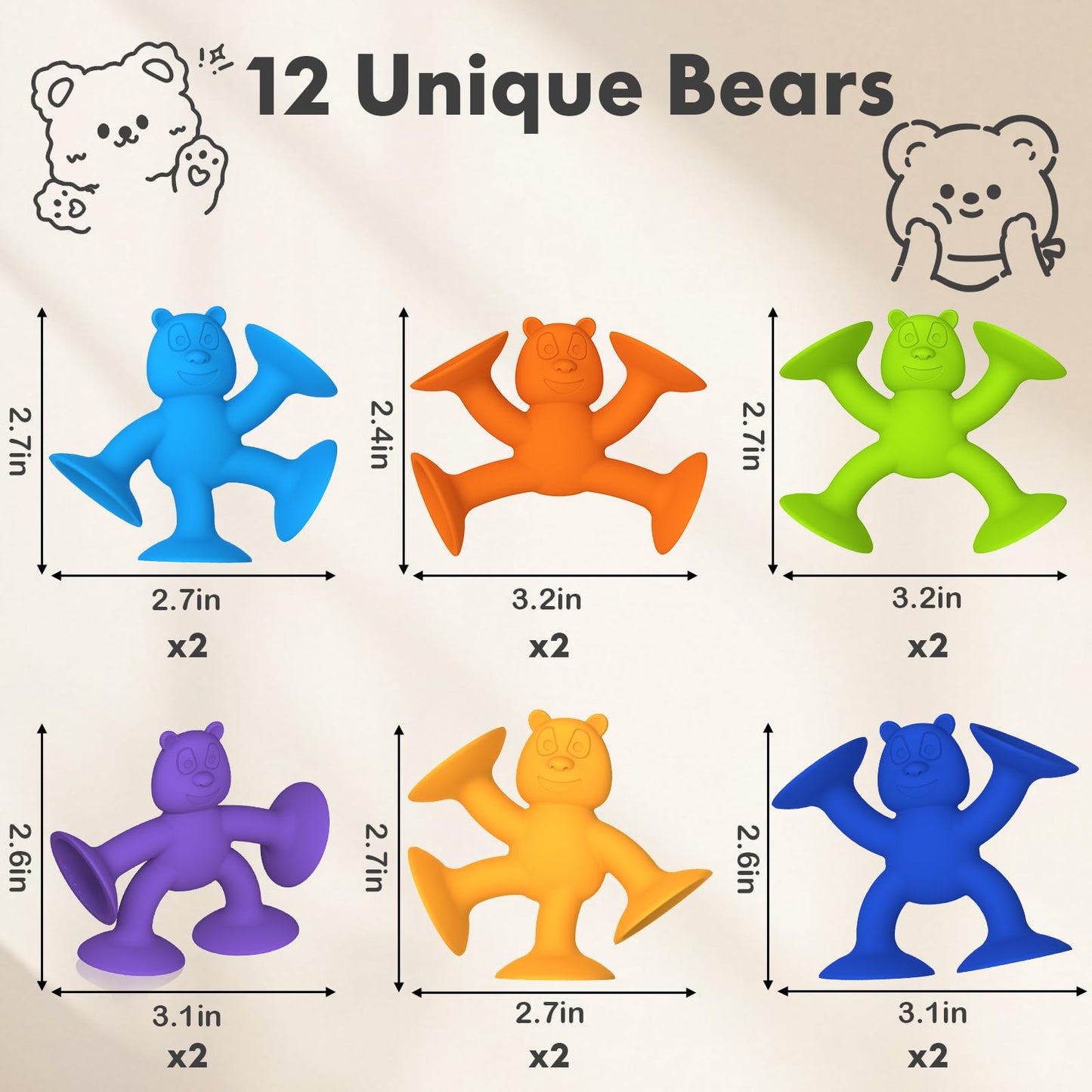 Suction Cup Toys（Pack of 12）, No Hole Baby Bath Toys Suction Toy - Connect, Build, Create - Toddler Bath Toys for Kids Ages 1-3, Silicone Sensory Fidget Toys for Baby Tray Window Travel