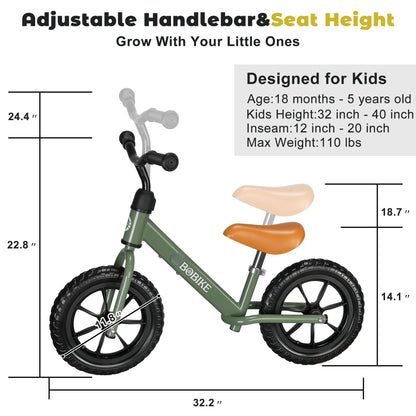 Bobike Toddler Balance Bike Toys for 2 to 5 Year Old Girls Boys Adjustable Seat and Handlebar No-Pedal Training Bike Best Gifts for Kids (Green)