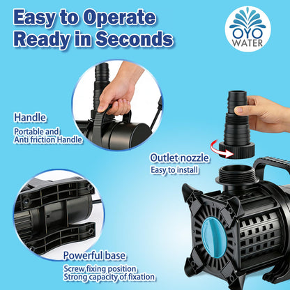 OYO WATER UL-Certified 325W 5100GPH High Flow Adjustable Pond Pump with 20.3ft Power Cord, Submersible Inline Pump for Koi Ponds, Cascades, Drainage, UL Safety Rated for Outdoor Use