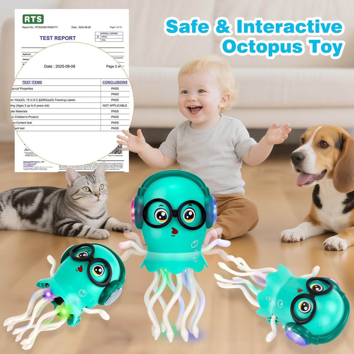 Dancing Octopus Baby Toys, Light Up Music Tummy Time Toys with 2 Flash Lights,Moving Electric Crawling Squid Toy for Babies with 1 Wheel,Baby Toy for 3 4 5 Year Old Boy Girl Christmas Birthday Gifts