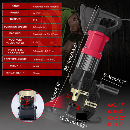 1400W Electric Hydraulic Hole Puncher, 22T Heavy Duty Hydraulic Hole Punch for Metal, Portable Punching Machine with 5 Dies - Precise Drilling for Aluminum Copper Plate Angle Iron Steel, MHP-20