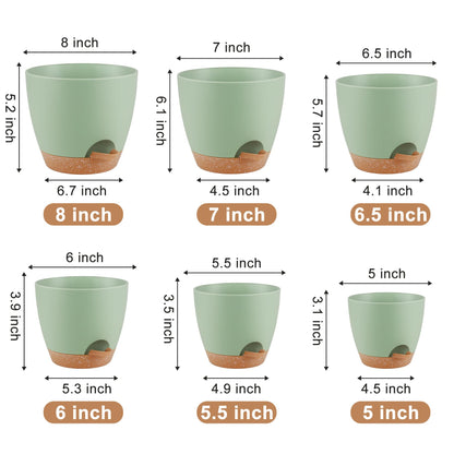 QRRICA Plant Pots 8/7/6.5/6/5.5/5 Inch Self Watering Pots, Set of 6 Plastic Planters with Drainage Holes and Saucers,Plastic Flower Pots,Nursery Planting Pot for Indoor Out Door Plants（Green）