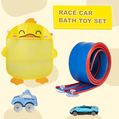 Race Car Bath Toy Set, Toddler Bath Toys, Flex Race Track Car Set, Kids Bathtub Gift, Including Mesh Storage Bag - Suction Cup, for Ages 3 & Up (10-Piece Set) (Blue & Red)
