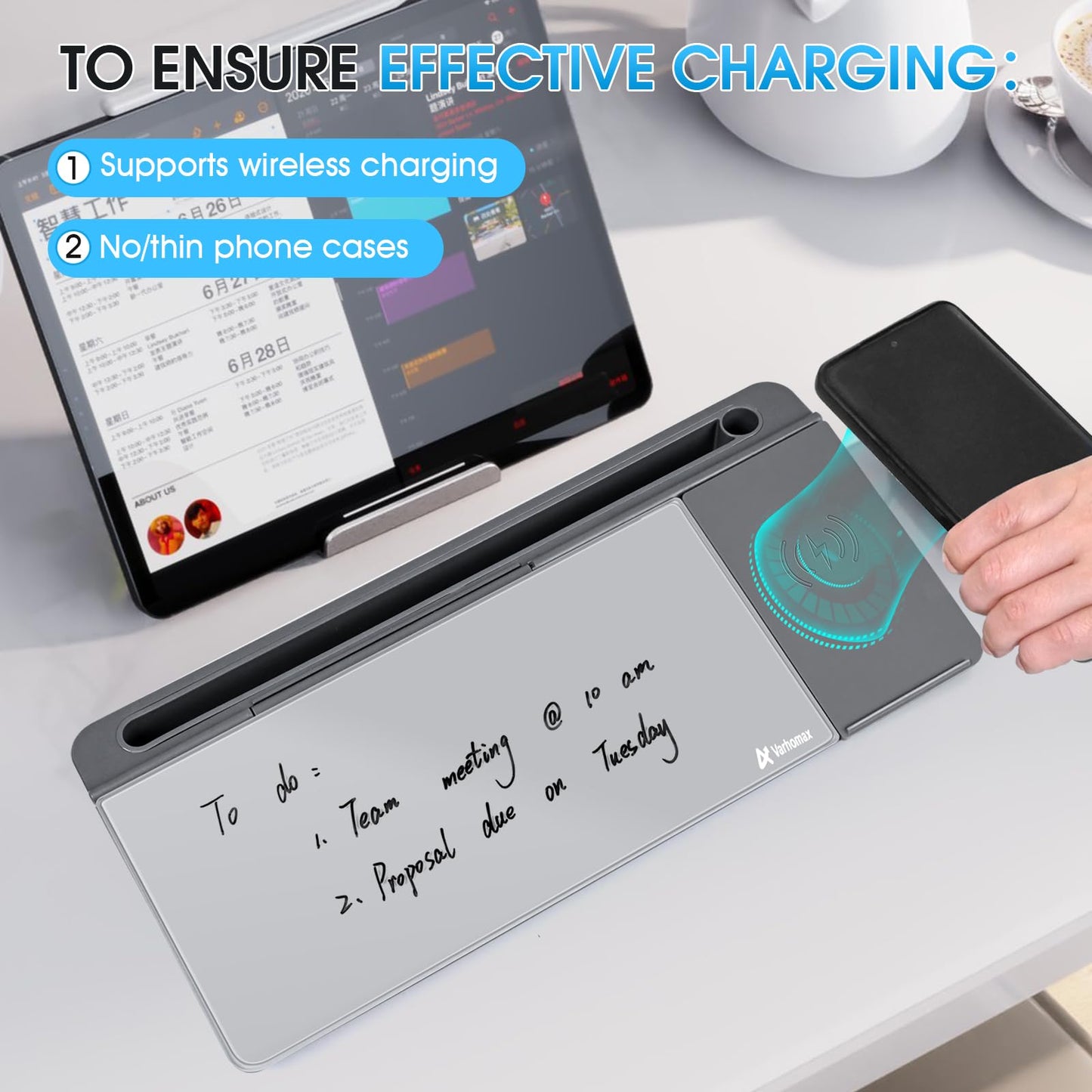 Varhomax Glass Desk Whiteboard with Wireless Charger, Desktop Dry Erase White Board with Storage, to Do List Memo Notepad for Home and Office (Gray)