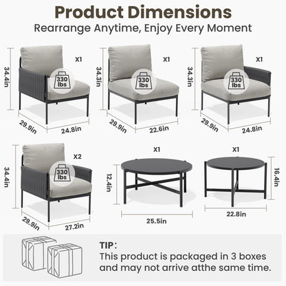 Pamapic 7-Piece Woven Rope Outdoor Furniture Set, Iron Frame Patio Conversation Set with Thick Cushions & 2 Coffee Tables, All-Weather Sectional Patio Furniture Set for Backyard, Porch, Grey