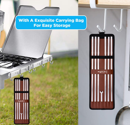 Carvefun Innovative Thermal Insulation Handle BBQ Skewers Set - 6 Stainless Steel Wide BBQ Kebob Sticks For Grill - Flat Metal With 1 Food Remover Bar - 16.7' Inch Metal Kabob Skewers