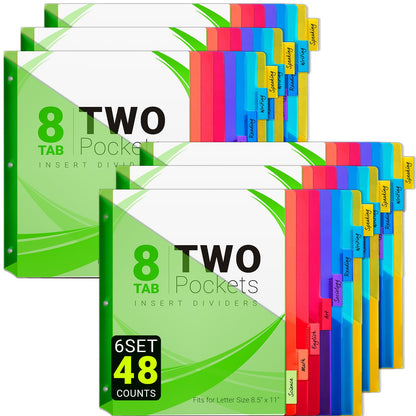 8-Tab Dividers for 3-Ring Binders, 48 Counts 3 Holes Index Dividers with 2 Pockets, Insertable 8 Tabs Binder Divider for 1/2''/1''/2''/3'' inch Binders, 8 Colors (6)